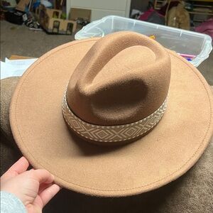Tan Wide Brim Hat with Patterned Band
